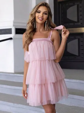 Women’s Layered Cocktail Dress with Tied Shoulder Straps