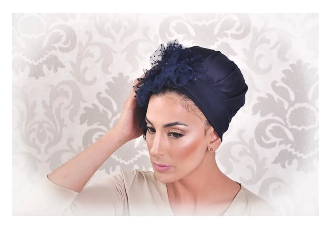 Yodfat Navy Turban with Dotted Flower Appliqué